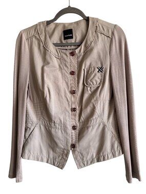 Vintage Taifun Beige Button-Front Military Jacket Pocket Detail & Peplum Hem  S